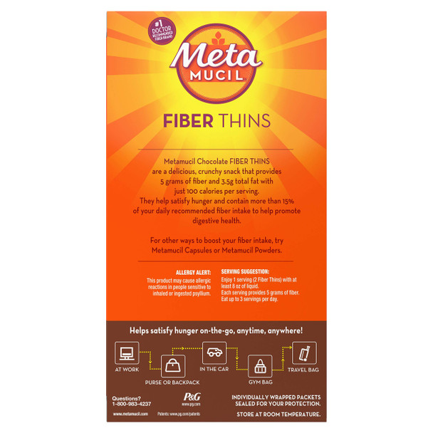 Metamucil Fiber Thins, Psyllium Husk Fiber Supplement, Digestive Health Support And Satisfy Hunger, Chocolate Flavored, 12 Servings