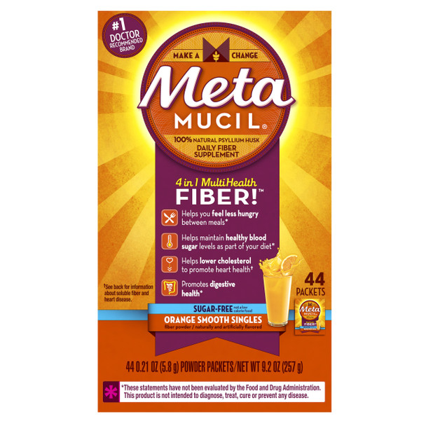 Metamucil On-The-Go, Daily Psyllium Husk Powder Supplement, Sugar-Free Powder, 4-In-1 Fiber For Digestive Health, Orange Flavored Drink, 44 Packets