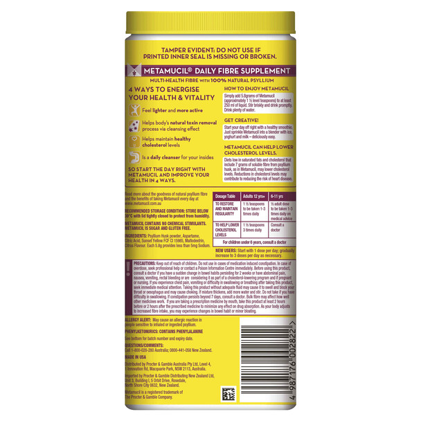 Metamucil Fibre Supplement Smooth Texture Lemon-Lime Flavour 72 Doses 425G