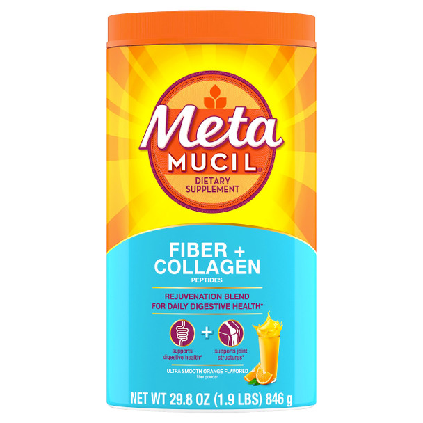 Metamucil Daily Fiber + Collagen, Psyllium Husk Powder, Plant Based, Sugar-Free With Stevia, 3-In-1 Fiber For Digestive Health, Orange Flavored, 90 Doses (29.8 Oz Fiber Powder)