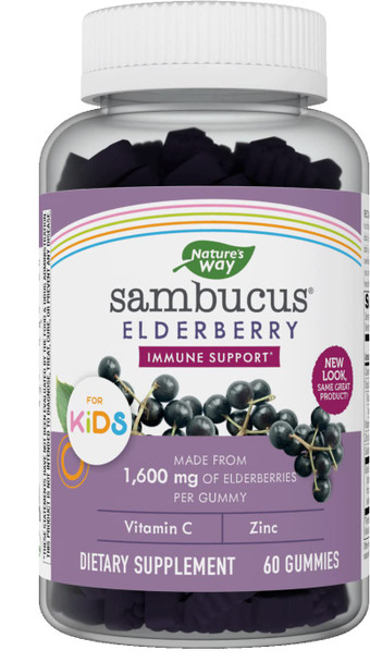 Nature'S Way Sambucus Elderberry Immune Gummies For Kids, Immune Support Gummies*, With Black Elderberry Extract, Vitamin C And Zinc, 60 Gummies (Packaging May Vary)