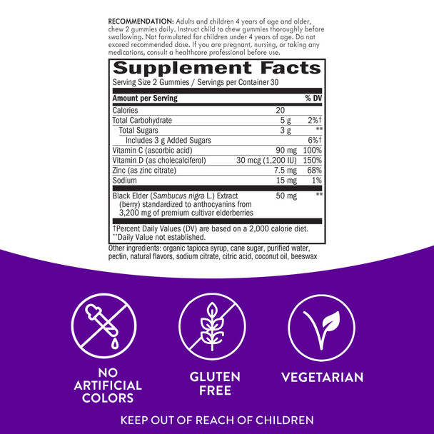 Nature'S Way Sambucus Elderberry Immune Gummies, Daily Immune Support For Kids And Adults*, With Vitamin C, Vitamin D3, Zinc, Gluten Free, Vegetarian, 60 Gummies (Packaging May Vary)