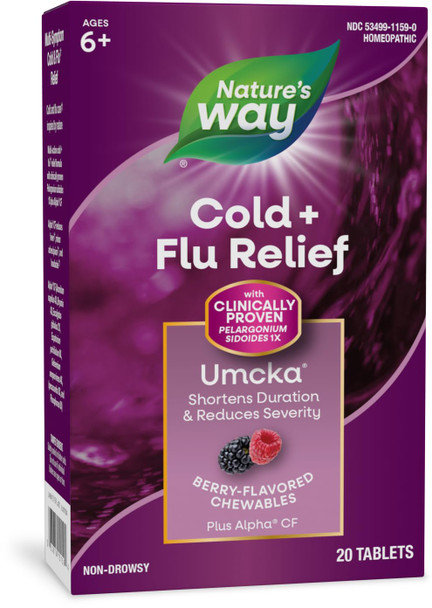 Nature'S Way Cold+Flu Relief, Umcka, Shortens Duration And Reduces Severity, Multi-Symptom Relief, Homeopathic, Phenylephrine Free, Non-Drowsy, Berry Flavored, 20 Chewable Tablets (Packaging May Vary) Nature'S Way Cold+Flu Relief, Umcka, Shortens Duration And Reduces Severity, Multi-Symptom Relief, Homeopathic, Phenylephrine Free, Non-Drowsy, Berry Flavored, 20 Chewable Tablets (Packaging May Vary)