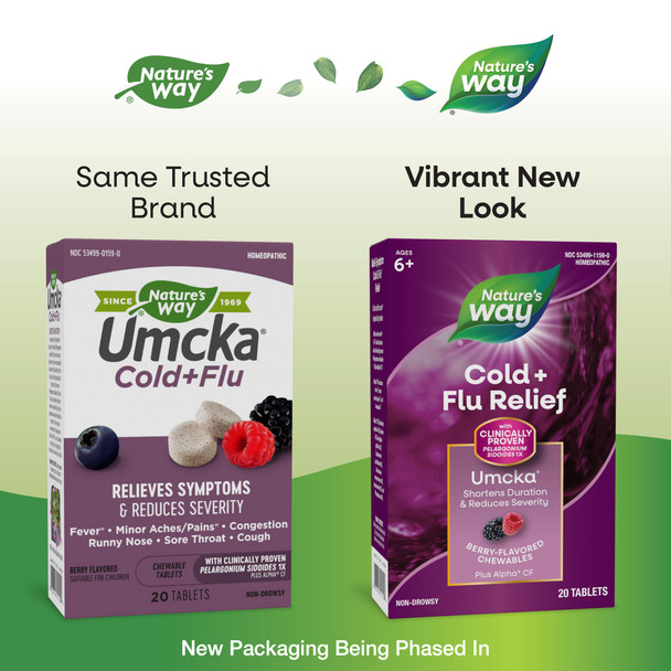 Nature'S Way Cold+Flu Relief, Umcka, Shortens Duration And Reduces Severity, Multi-Symptom Relief, Homeopathic, Phenylephrine Free, Non-Drowsy, Berry Flavored, 20 Chewable Tablets (Packaging May Vary) Nature'S Way Cold+Flu Relief, Umcka, Shortens Duration And Reduces Severity, Multi-Symptom Relief, Homeopathic, Phenylephrine Free, Non-Drowsy, Berry Flavored, 20 Chewable Tablets (Packaging May Vary)