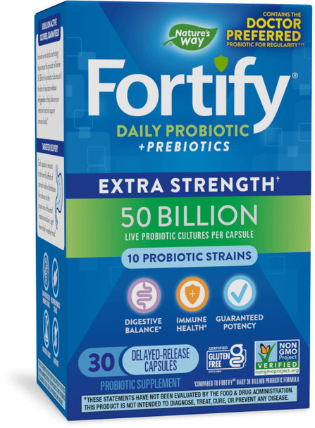 Nature'S Way Fortify Daily Probiotic + Prebiotic For Men And Women, 50 Billion Live Cultures, Extra Strength Digestive And Immune Health Support* Supplement, 30 Capsules