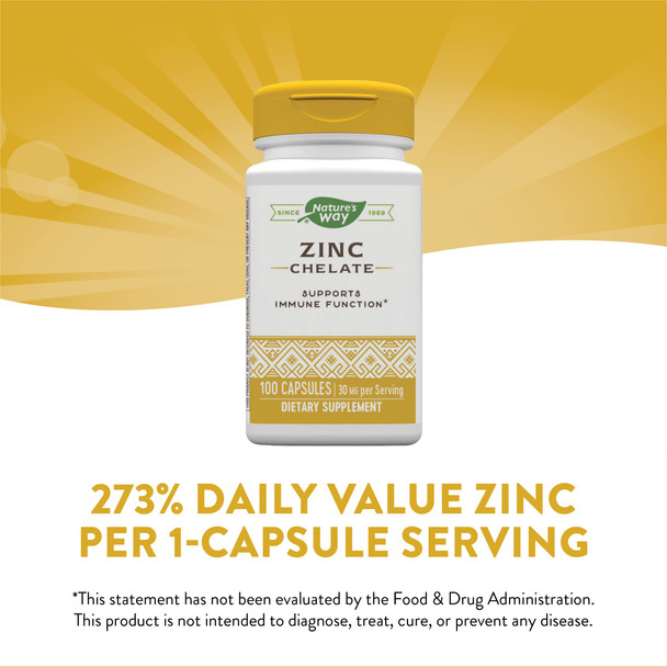 Nature'S Way Zinc Chelate, Supports Immune Function*, 30 Mg Per Serving, 100 Capsules