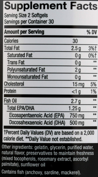 Nature'S Way Ultra Pure Omega3 Fish Oil 1250 Mg Epa/Dha Mint Flavored 60 Softgels