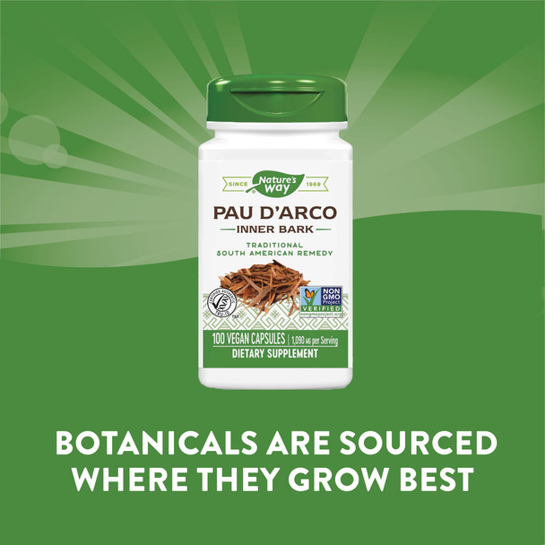 Nature'S Way Premium Herbal Pau D'Arco Inner Bark, Traditional South American Ingredient, 1,090 Mg Per Serving, 100 Capsules