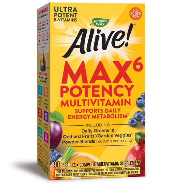 Nature'S Way Alive! Max6 Potency Multivitamin, Whole Body Nutrition, High Potency B-Vitamins, 90 Capsules