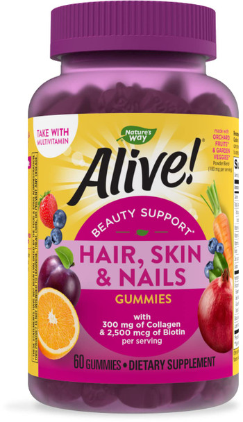 Nature'S Way Alive! Hair, Skin & Nails Gummies With Collagen, Biotin, Vitamins C & E, Beauty Support*, Strawberry Flavored, 60 Gummies