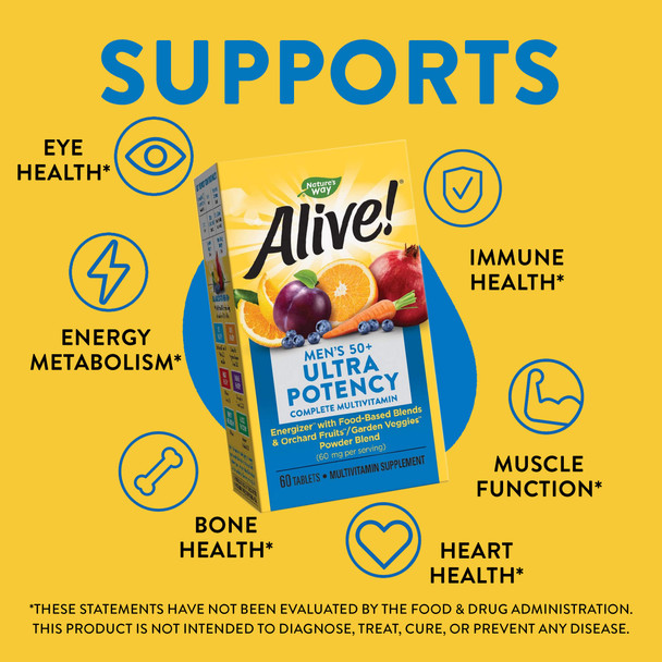 Nature'S Way Alive! Men’S 50+ Daily Ultra Potency Complete Multivitamin, High Potency Formula, Supports Multiple Body Systems*, Supports Cellular Energy*, Gluten-Free, 60 Tablets