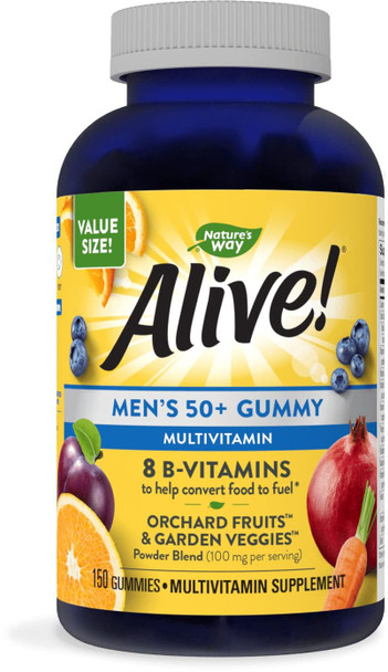 Nature’S Way Alive! Men’S 50+ Daily Gummy Multivitamins, Supports Healthy Brain, Eyes, Heart*, B-Vitamins, Gluten-Free, Vegetarian, Fruit Flavored, 150 Gummies (Packaging May Vary)