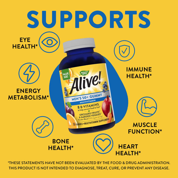 Nature’S Way Alive! Men’S 50+ Daily Gummy Multivitamins, Supports Healthy Brain, Eyes, Heart*, B-Vitamins, Gluten-Free, Vegetarian, Fruit Flavored, 150 Gummies (Packaging May Vary)