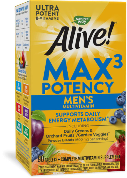 Nature'S Way Alive! Men’S Max3 Potency Multivitamin, Supports Whole Body Wellness*, Supports Cellular Energy*, B-Vitamins, Gluten-Free, 90 Tablets