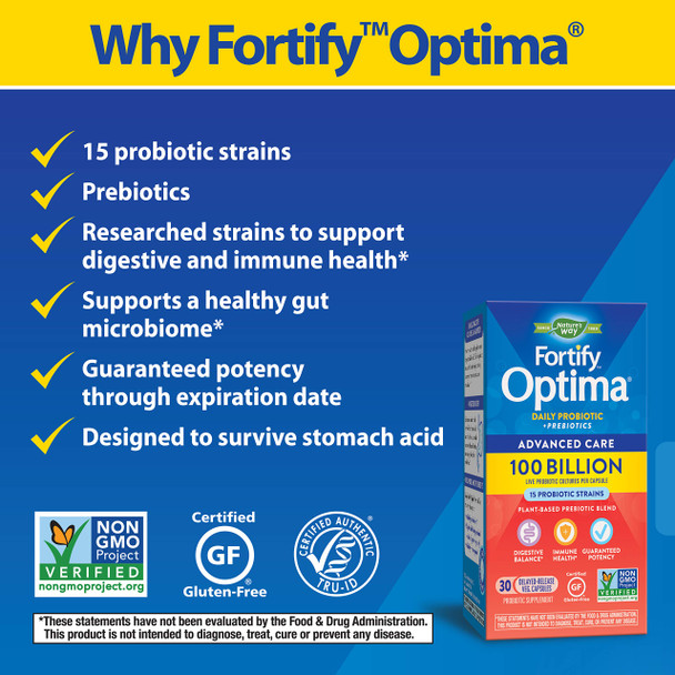 Nature’S Way Fortify Optima Daily Probiotic, 100 Billion, 15 Strains, Digestive & Immune Support*, With Prebiotics, 30 Capsules