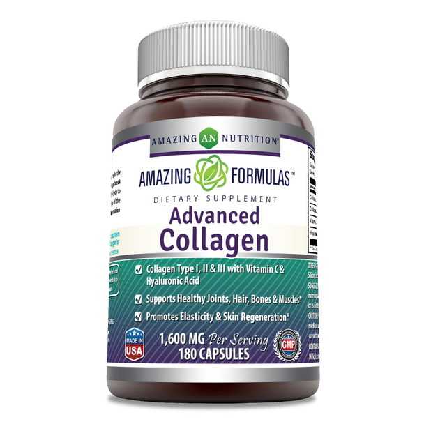 Amazing Formulas Advanced Collagen 1600Mg Per Serving Supplement | Collagen Type I, Ii & Iii With Vitamin C & Hyaluronic Acid | Veggie Capsules (180 Count)