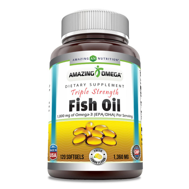 Amazing Omega Triple Strength Fish Oil Supplement | Lemon Flavor | 1360 Mg Per Serving | 120 Softgels | Non-Gmo | Gluten-Free
