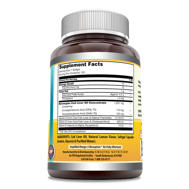 Amazing Norwegian Cod Liver Oil 1250 Mg Supplement (Lemon 120 Count)