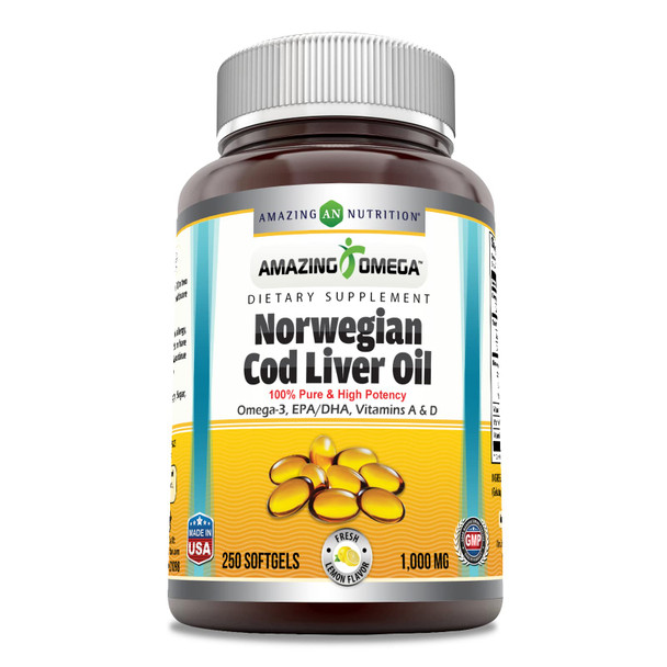 Amazing Omega Norwegian Cod Liver Oil 1000 Mg 250 Softgels | Lemon Flavor