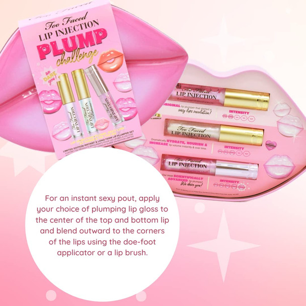 Too Faced Lip Injection Plump Challenge Instant & Long-Term Lip Plumper  Set: Lip Injection Plumping Lip Gloss, Extreme Lip Plumper, Maximum Plump Extra Strength Lip Plumper, 3 Count (Pack Of 1)