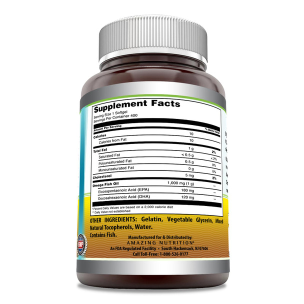 Amazing Omega Fish Oil Supplement | Omega-3, 180 Mg Epa. 120 Mg Dha | 1000 Mg | 400 Softgels | Non-Gmo | Gluten-Free | Made In Usa