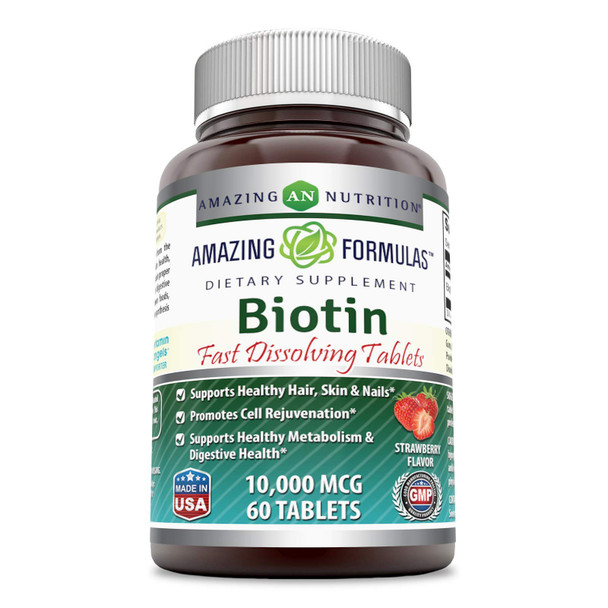 Amazing Formulas Biotin Fast Dissolve 10000 Mcg Tablets Supplement | Strawberry Flavor | Vitamin B7 | Non-Gmo | Gluten Free | Made In Usa (60 Count)