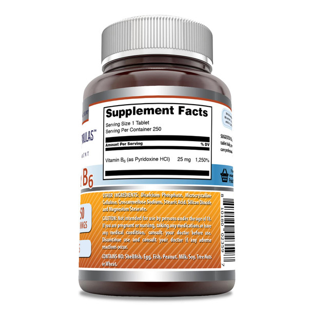 Amazing Formulas Vitamin B6 Pyridoxine 25Mg 250 Tablets Supplement | Non Gmo | Gluten Free | Made In Usa