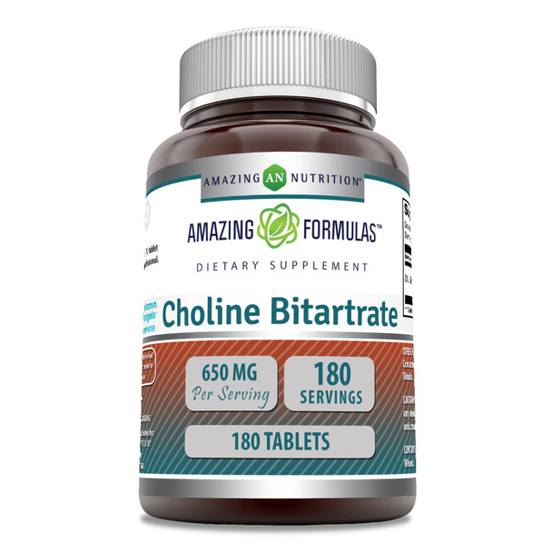 Amazing Formulas Choline Bitartrate - 650 Mg, 180 Tablets (Non-Gmo, Gluten Free) – Supports Nerve & Brain Health - Promotes Cellular Function - Cognitive Support