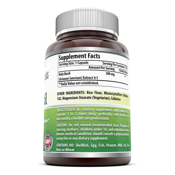 Amazing Formulas Holy Basil Dietary Supplement - 500 Mg 120 Capsules Per Bottle - 100% Pure Tulsi (Ocimum Sanctum) Leaf Extract 4:1 Concentrate - Promotes Calm And Wellness