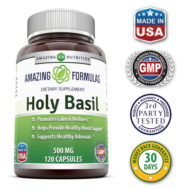 Amazing Formulas Holy Basil Dietary Supplement - 500 Mg 120 Capsules Per Bottle - 100% Pure Tulsi (Ocimum Sanctum) Leaf Extract 4:1 Concentrate - Promotes Calm And Wellness