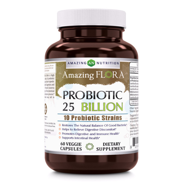 Amazing Flora Probiotic 25 Billion With 10 Best Probiotics Strains Including Acidophilus, Plantarum, Rhamnosus Etc * Supports Digestive & Immune Health *60 Veggie Capsules (Non Gmo,Gluten Free)