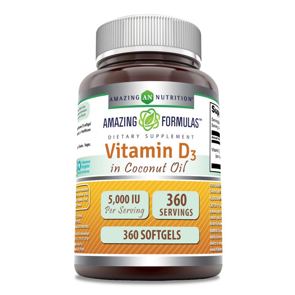 Amazing Formulas  Vitamin D3 With Coconut Oil  5000  Iu 360 Softgels Supplement | Non-Gmo | Gluten Free | Made In Usa