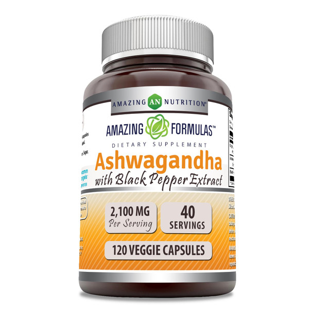 Amazing Formulas Ashwagandha Root With Black Pepper Extract Supplement | 2100 Mg Per Serving | 120 Veggie Capsules Supplement | Non-Gmo | Gluten-Free | Made In Usa