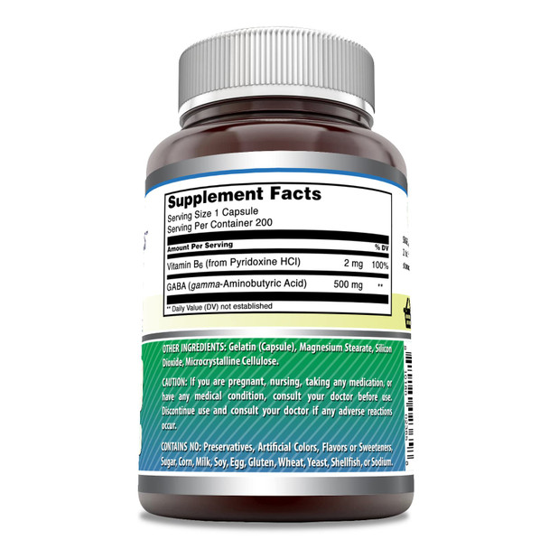 Amazing Formulas Gaba (Gamma Aminobutyric Acid) With Vitamin B6 500Mg 200 Capsules Supplement | Non-Gmo | Gluten Free | Made In Usa