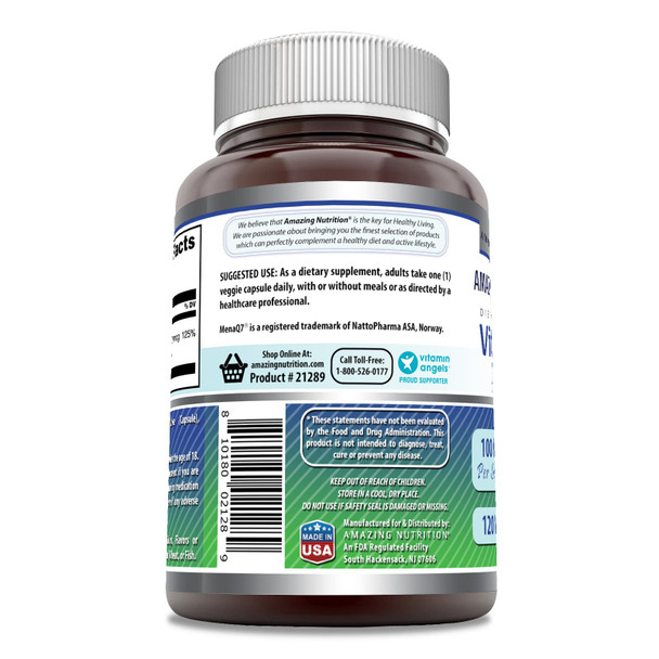 Amazing Formulas Vitamin K2 Menaq7 Mk7 100Mcg Veggie Capsules Supplement | Non-Gmo | Gluten Free | Made In Usa | Suitable For Vegetarians (120 Count)