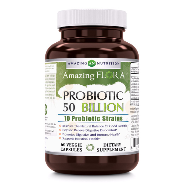 Amazing Flora Probiotic 50 Billion With 10 Best Probiotics Strains Including Acidophilus, Plantarum, Rhamnosus Etc * Supports Digestive & Immune Health * Veggie Capsules (60 Count)