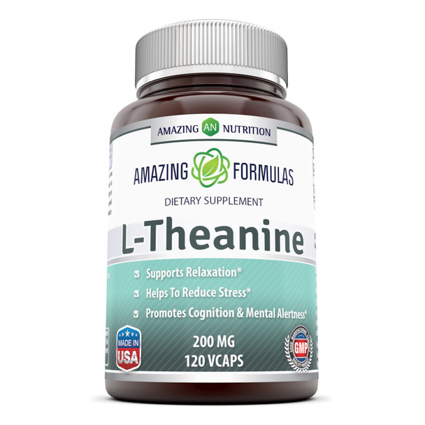 Amazing Nutrition L-Theanine Dietary Supplement * 200 Mg Pure Veggie Capules * Promotes Relaxation And Stress Reduction * All-Natural Stress Relief Relaxer * Sedative Free * 120 Vegetarian Caps