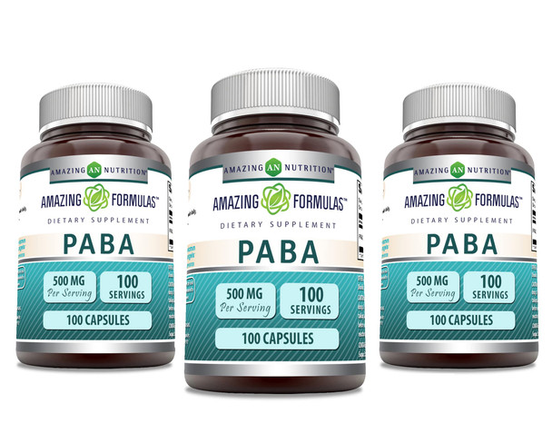 Amazing Formulas Paba 500Mg 100 Capsule Supplement | As Para-Aminobenzoic Acid | Non-Gmo | Gluten Free | Made In Usa (3 Pack)