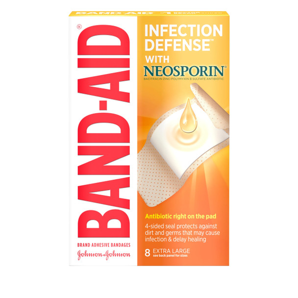 Band-Aid Brand Adhesive Bandages Infection Defense With Neosporin Antibiotic Ointment, For Wound Care And First Aid, Extra Large, 8 Ct