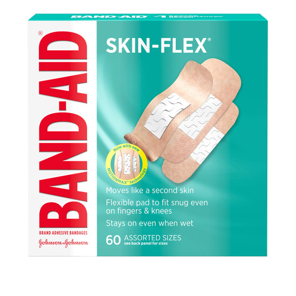 Band-Aid Brand Skin-Flex Adhesive Bandages For First Aid & Wound Care Of Minor Cuts, Scrapes & Burns, Flexible Sterile Bandages Great For Fingers, Hands & Knees, Assorted Sizes, 60 Ct