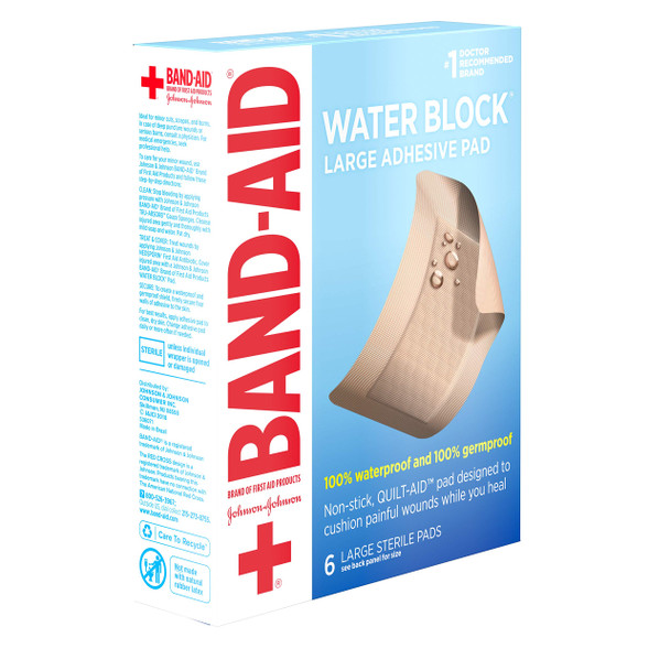 Band-Aid Brand First Aid Products Water Block Non-Stick Sterile Waterproof Pads, Large 2.9 By 4 Inches, 6 Ct