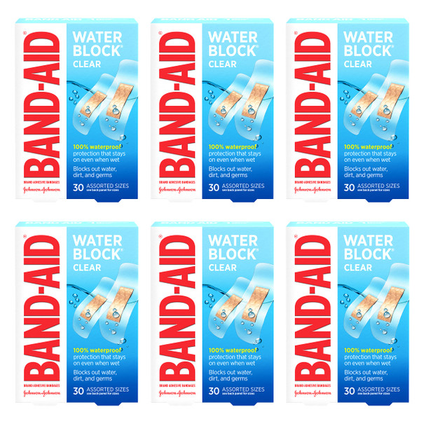 Band-Aid Brand Water Block Clear Waterproof Sterile Adhesive Bandages For First-Aid Wound Care Of Minor Cuts And Scrapes, Assorted Sizes, 30 Ct (Pack Of 6)