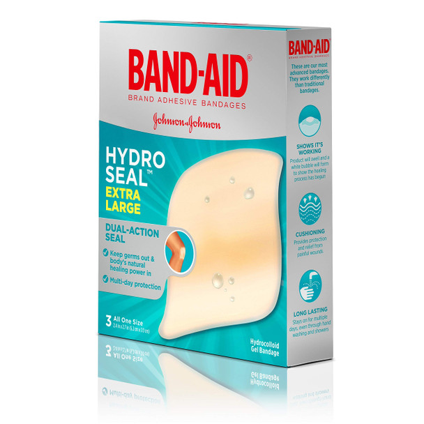 Band-Aid Brand Hydro Seal Adhesive Hydrocolloid Gel Bandages For Wound Care & Blister Relief, All Purpose Waterproof & Shower Proof Blister Pad, Sterile & Long-Lasting, Extra Large, 3 Ct