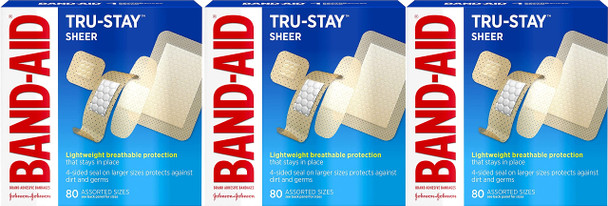 Band-Aid Brand Tru-Stay Sheer Strips Adhesive Bandages For First Aid And Wound Care, Assorted Sizes, 80 Ct (Pack Of 3)