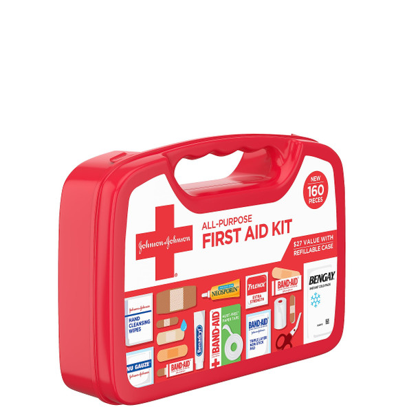 Johnson & Johnson All-Purpose Portable Compact First Aid Kit For Minor Cuts, Scrapes, Sprains & Burns, Ideal For Home, Car, Travel, Camping And Outdoor Emergencies, 160 Pieces