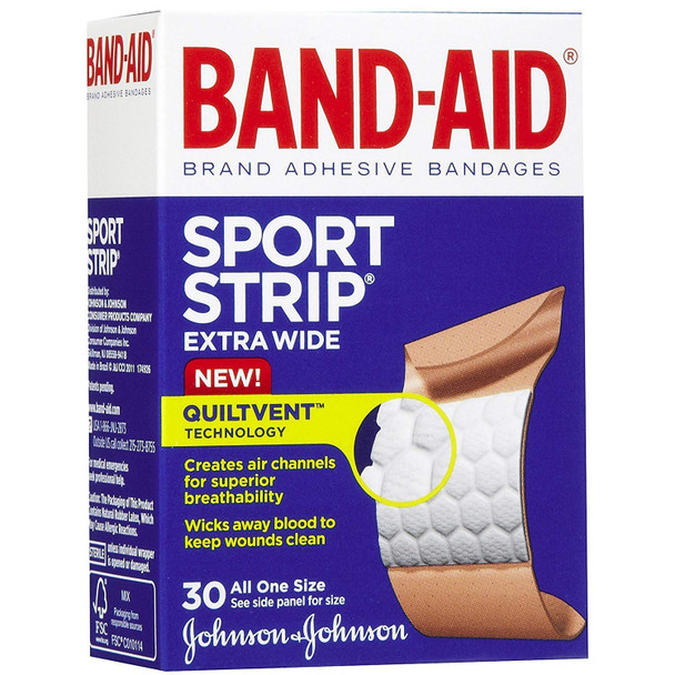 Band-Aid Sport Strip Extra Wide Adhesive Bandages All One Size - 30 Ct, Pack Of 4