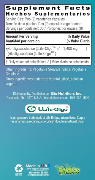 Bio Nutrition Inc Pre-Biotic Fiber - Llife-Oligo - 1400 Mg - 60 Vegetarian Capsules - Gluten Free - Improves Gut Health - Clinically Tested By