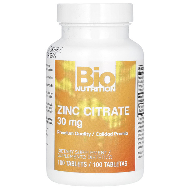 Bio Nutrition Zinc Citrate, 30 Mg, 100 Tablets