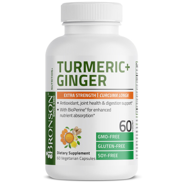Bronson Turmeric + Ginger Extra Strength Joint Health & Digestion Support With Bioperine, Non-Gmo, 60 Vegetarian Capsules
