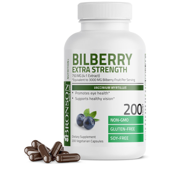 Bronson Bilberry Extra Strength Vaccinium Myrtillus, Promotes Eye Health And Supports Healthy Vision - Non Gmo, 200 Vegetarian Capsules